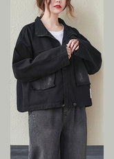 Schwarzer Denim-Langarmmantel mit Taschen und Reißverschluss und Kordelzug